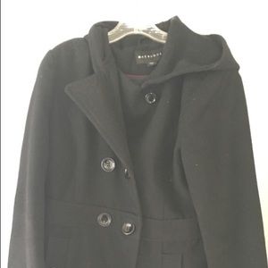 Black button up pea coat with a hood.
